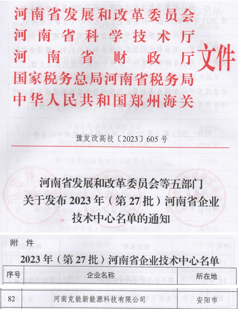克能新能源正式入选2023年（第27批）河南省企业技术中心（20231127）