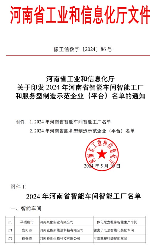 克能锂电装配车间被认定为2024年河南省智能车间（2024年5月10日）