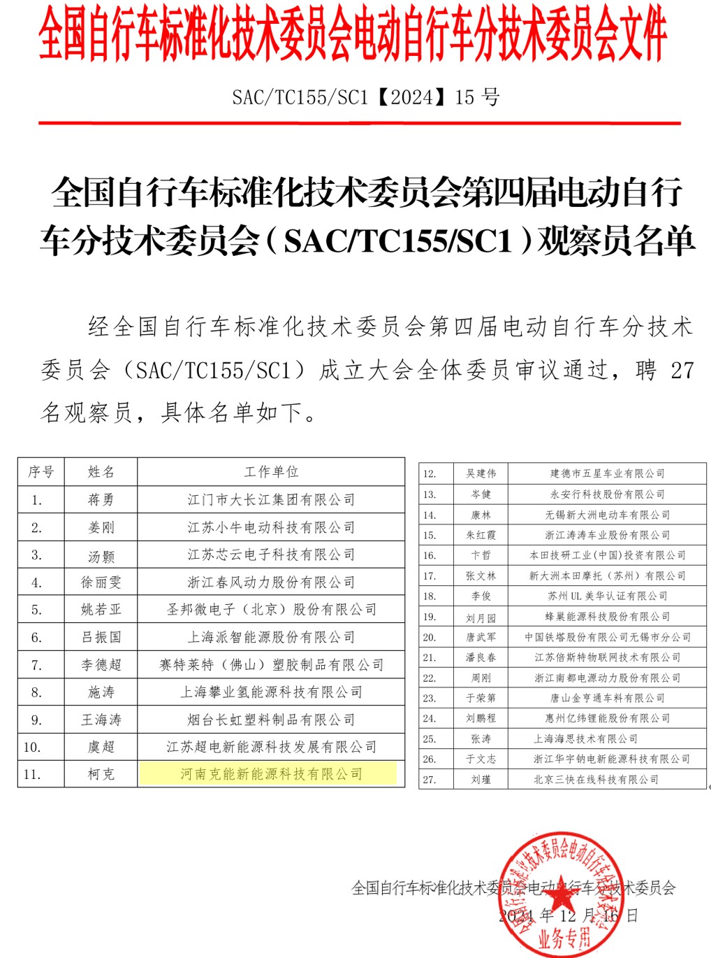 克能新能源被聘为全国电动自行车标委会第四届电动自行车分技术委员会观察员（2024年12月16日）